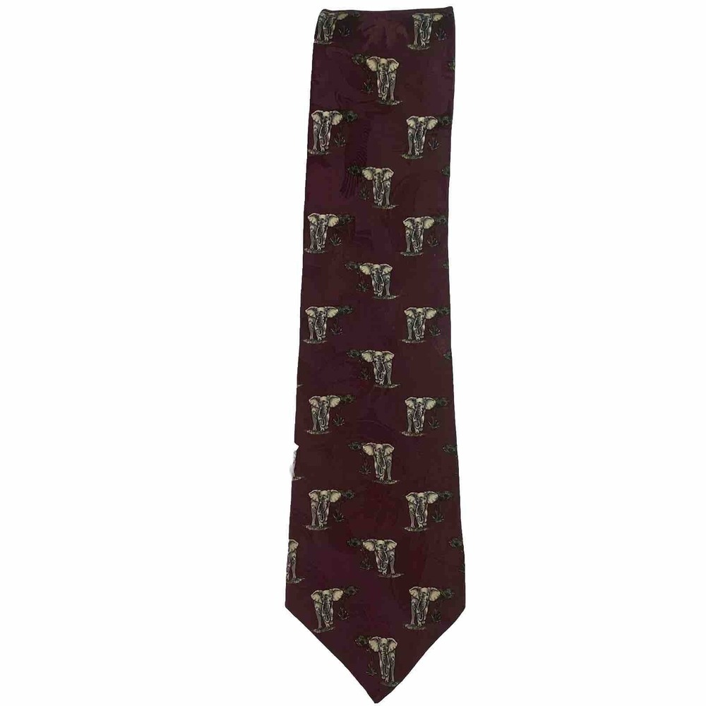 Endangered Species Men's Necktie Elephantβ Tie 100% Silk 1990s VTG USA Burgundy